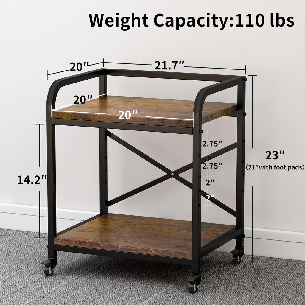 20 Inches Large White Printer Stand, 2-Tier Under Desk Printer Table with Height Adjustable Shelf, Rolling Printer Cart with Industrial Wheels for Home Office (White)