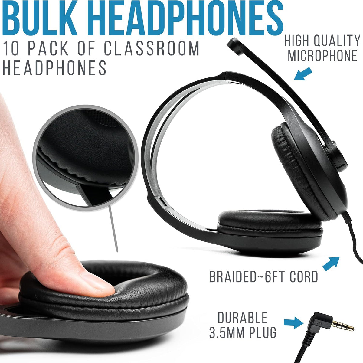 Barks Classroom Headphones with Microphone Bulk 10 Pack (Black, 3.5mm)
