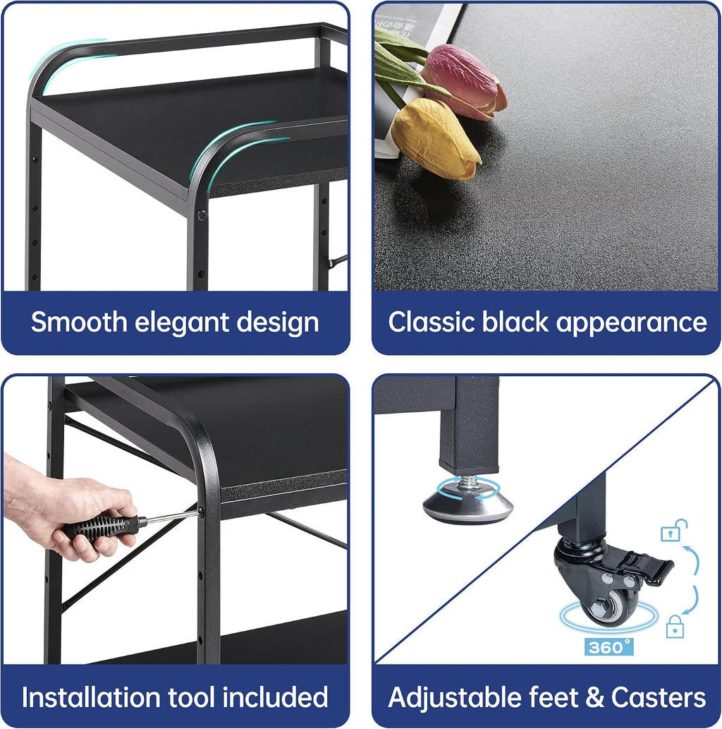 Fannova 2 Tier Under Desk Printer Stand with Storage, 20 Inches Deep Large Printer Table with Height Adjustable Shelf, Rolling Printer Cart with Wheels for Home Office - Black