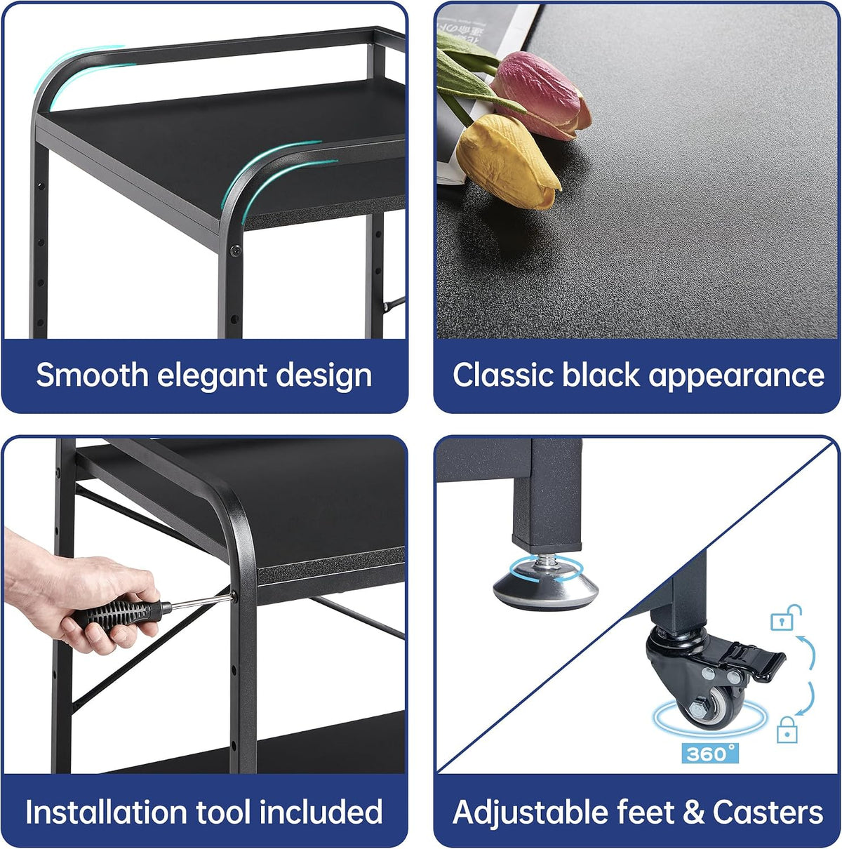 Fannova 2 Tier Under Desk Printer Stand with Storage, 20 Inches Deep Large Printer Table with Height Adjustable Shelf, Rolling Printer Cart with Wheels for Home Office - Black