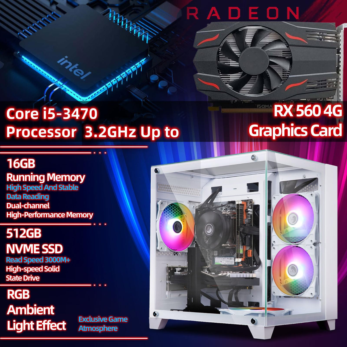 Gaming PC Desktop Computer, Intel Core I7, GTX 1050 Ti 4GB,16G RAM,512G SSD