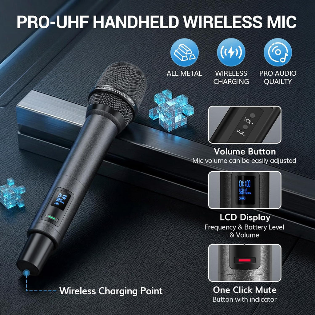 TONOR Bluetooth Wireless Microphones, Rechargeable UHF Cordless Microphone System for Home Party, Metal Dual Handheld 260ft for Home Karaoke, Church, Party,TW-790, Black