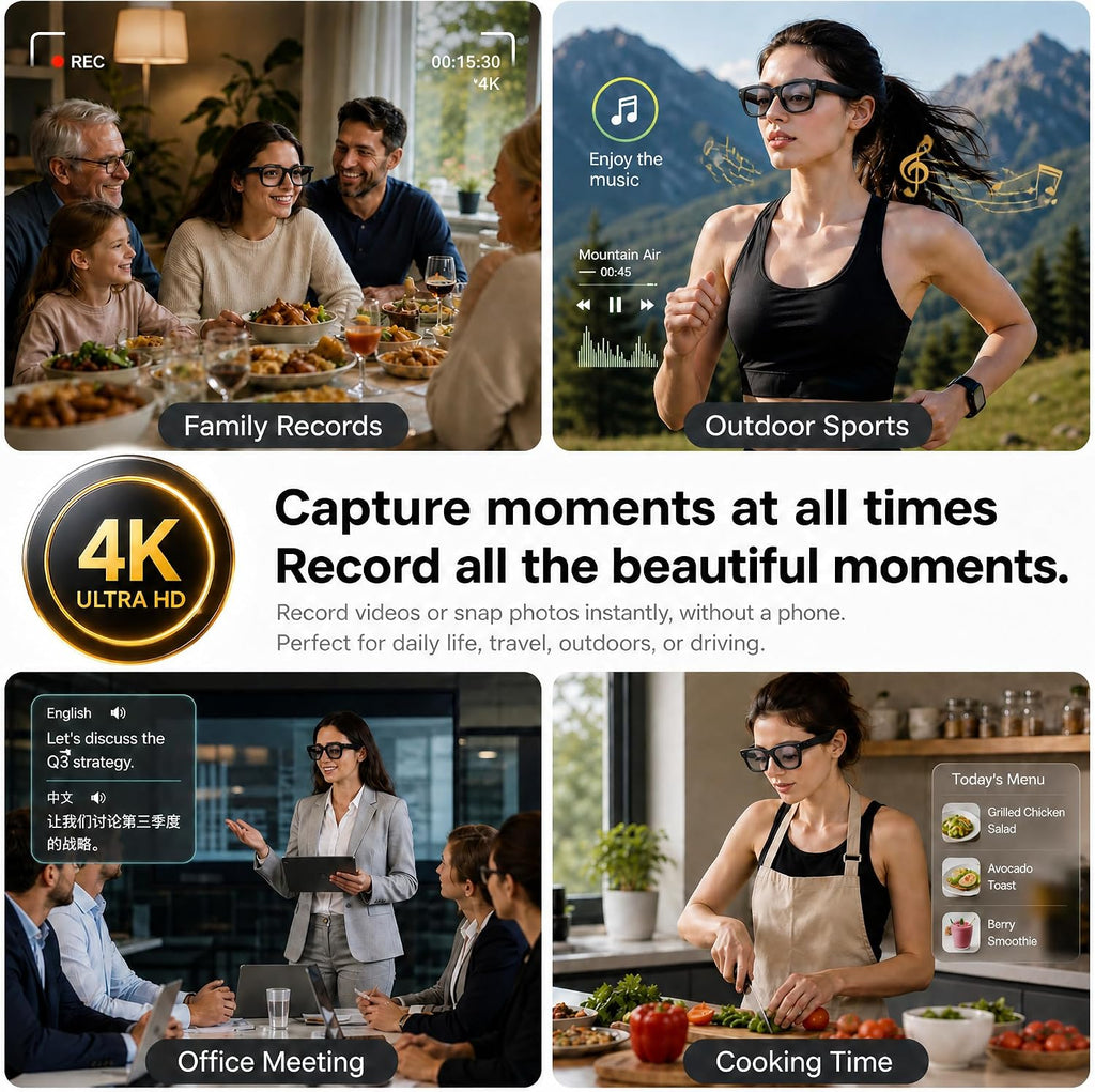 AI Smart Glasses with Camera, 8MP Video Recording Sunglasses AI Translation