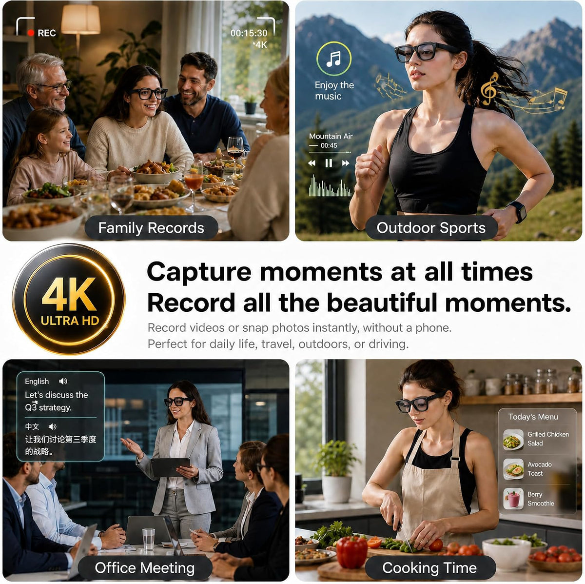 AI Smart Glasses with Camera, 8MP Video Recording Sunglasses AI Translation