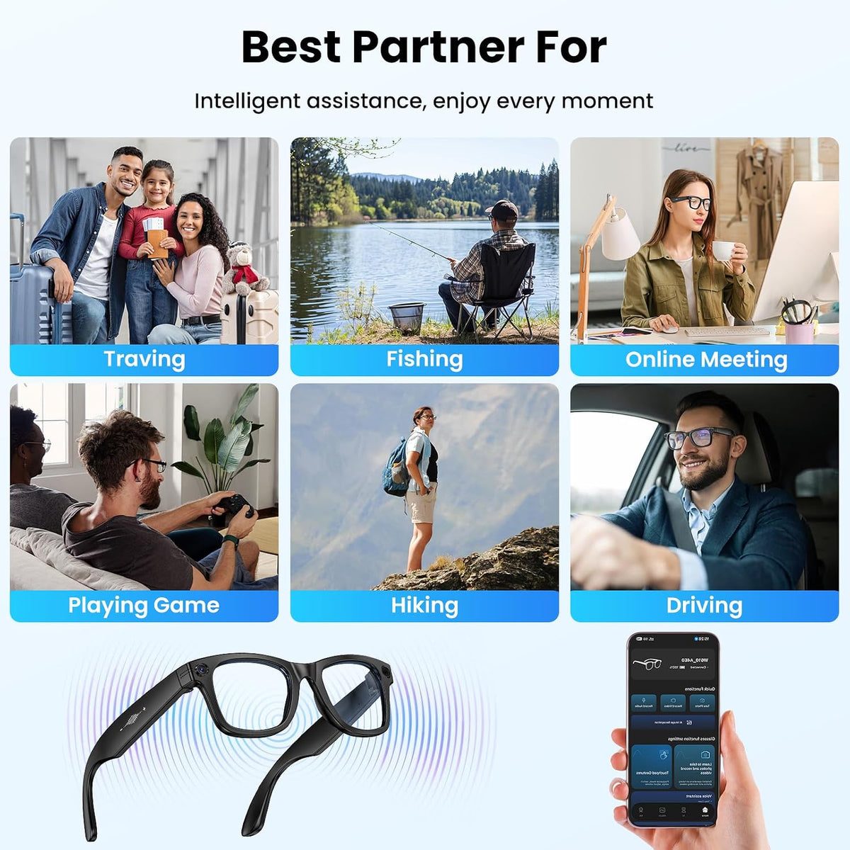 Mingtawn AI Smart Glasses â 8MP Anti-Shake Camera Glasses, 290mAh, BT Call, 4K HD Camera with Video Recording Dual Mic, Simultaneous Interpretation/GPT Identify Objectsï¼Black