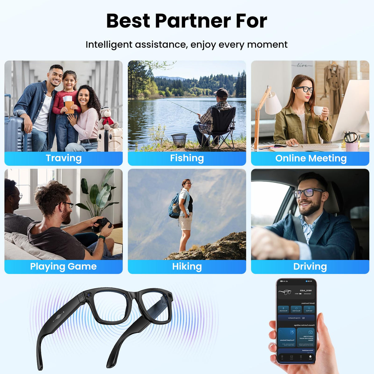 Mingtawn AI Smart Glasses â 8MP Anti-Shake Camera Glasses, 290mAh, BT Call, 4K HD Camera with Video Recording Dual Mic, Simultaneous Interpretation/GPT Identify Objectsï¼Black