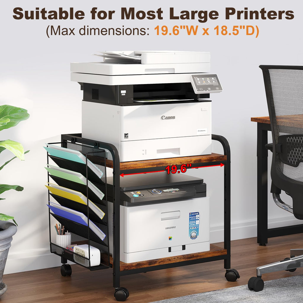 EasyCom 24"x20" Printer Stand with Storage, File Holder & Wheels, Brown