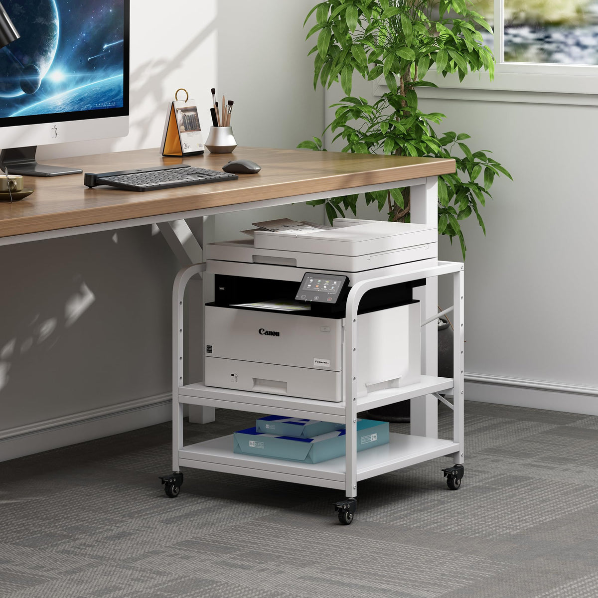 Fannova 2 Tier Under Desk Printer Stand with Storage, 20 Inches Deep Large Printer Table with Height Adjustable Shelf, Rolling Printer Cart with Wheels for Home Office - Black