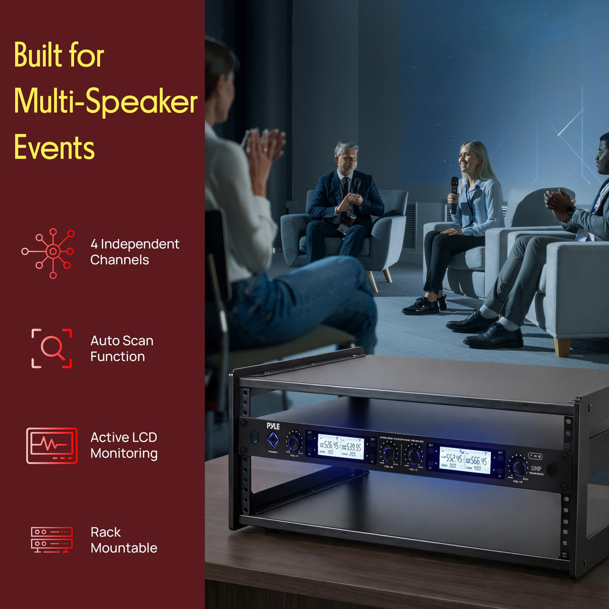 Pyle 4 Channel UHF Wireless Microphone System with 2 Handheld Mics, 2 Lavalier 2 Headsets & Beltpack Transmitters, 300ft Range, Rack Mount Receiver for Church, Meetings, DJ & PA Systems