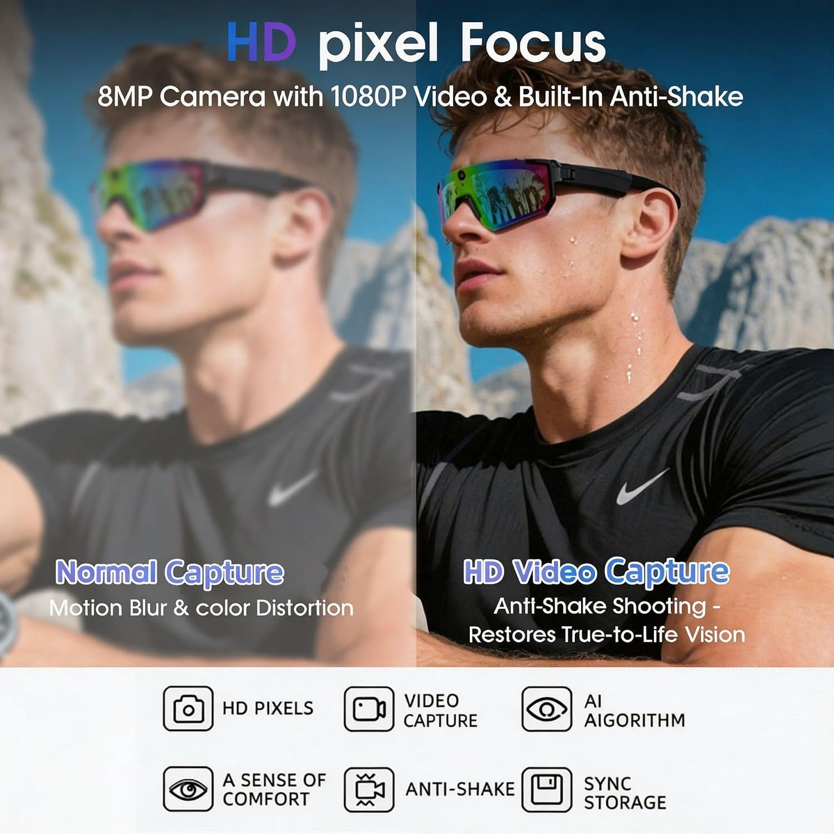AI Smart Glasses with Camera for Cycling & Outdoor Sports - Blue
