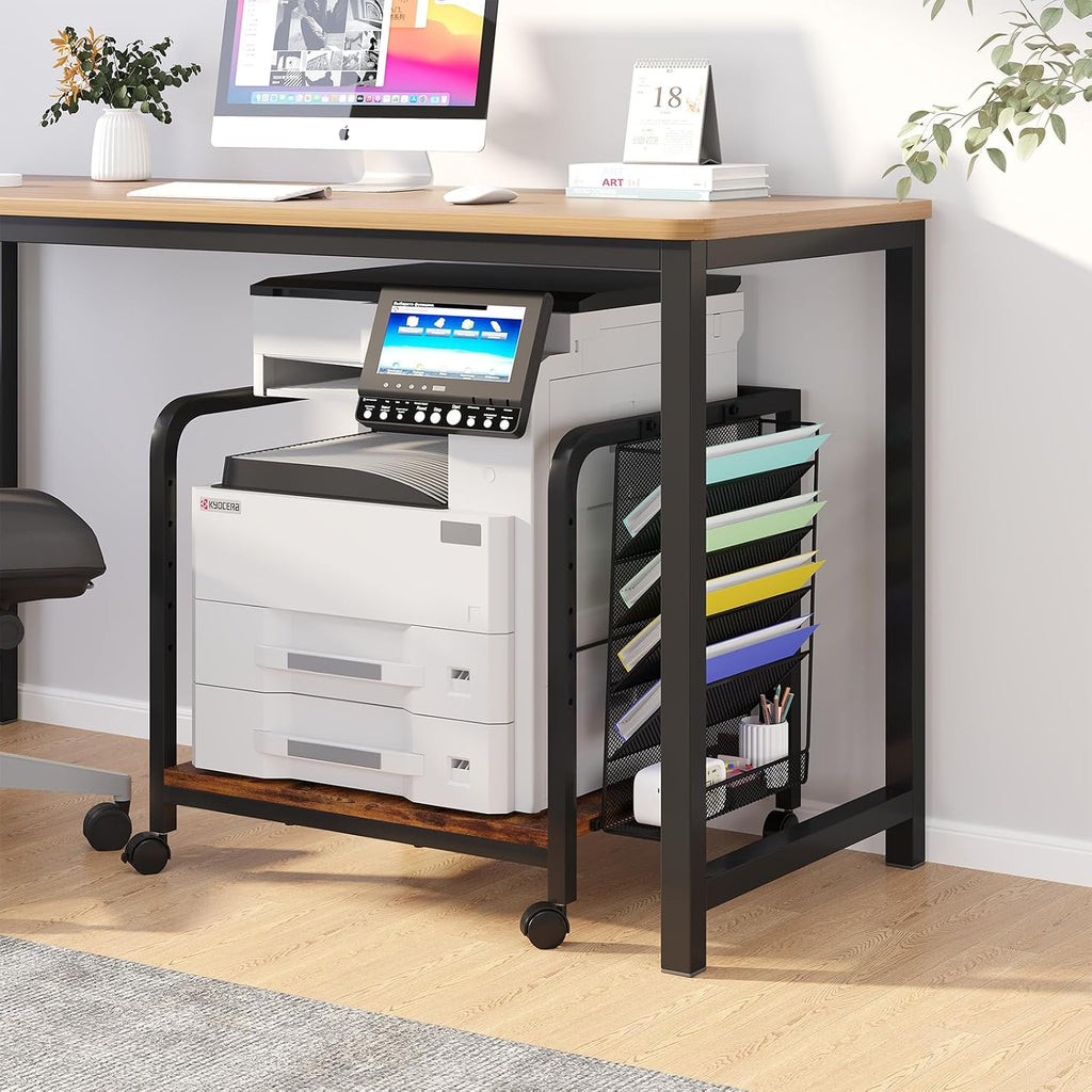 EasyCom 24"x20" Printer Stand with Storage, File Holder & Wheels, Brown