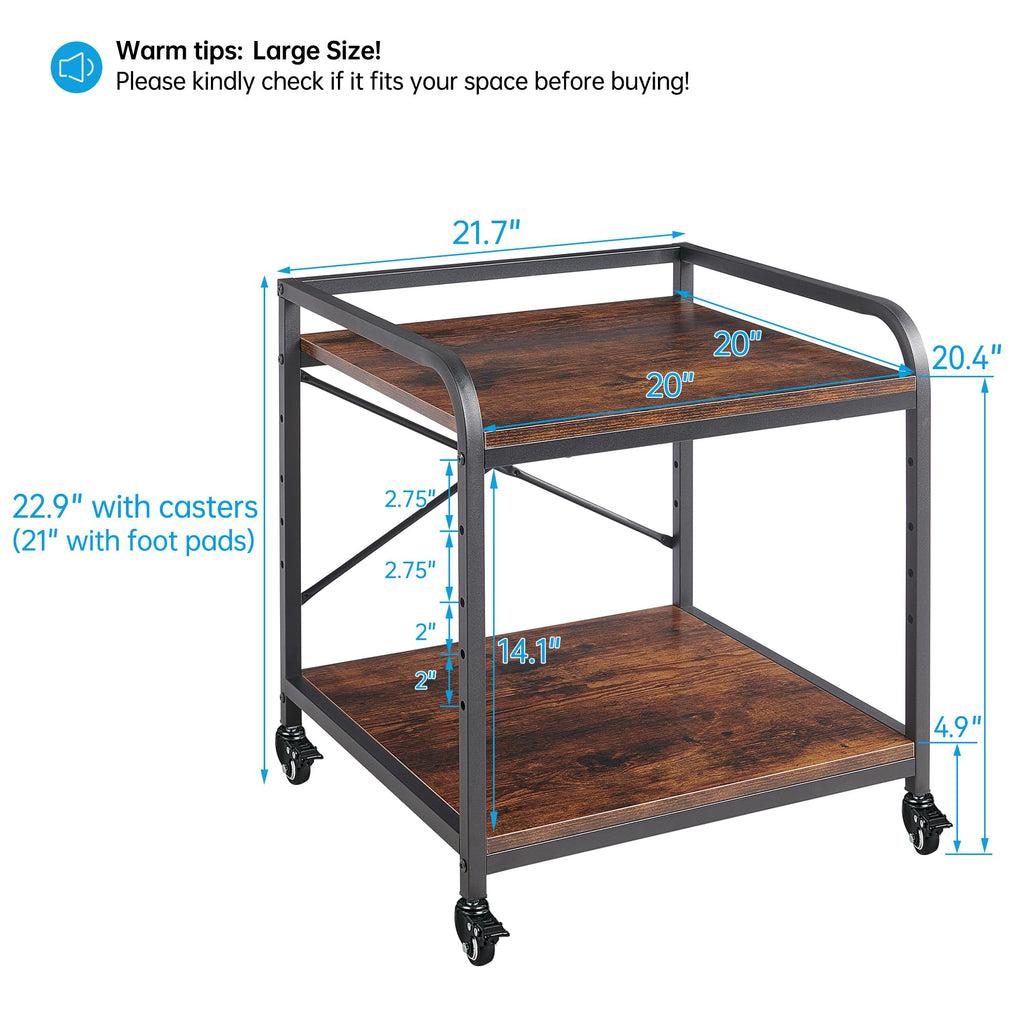 Fannova 2 Tier Under Desk Printer Stand with Storage, 20 Inches Deep Large Printer Table with Height Adjustable Shelf, Rolling Printer Cart with Wheels for Home Office - Black