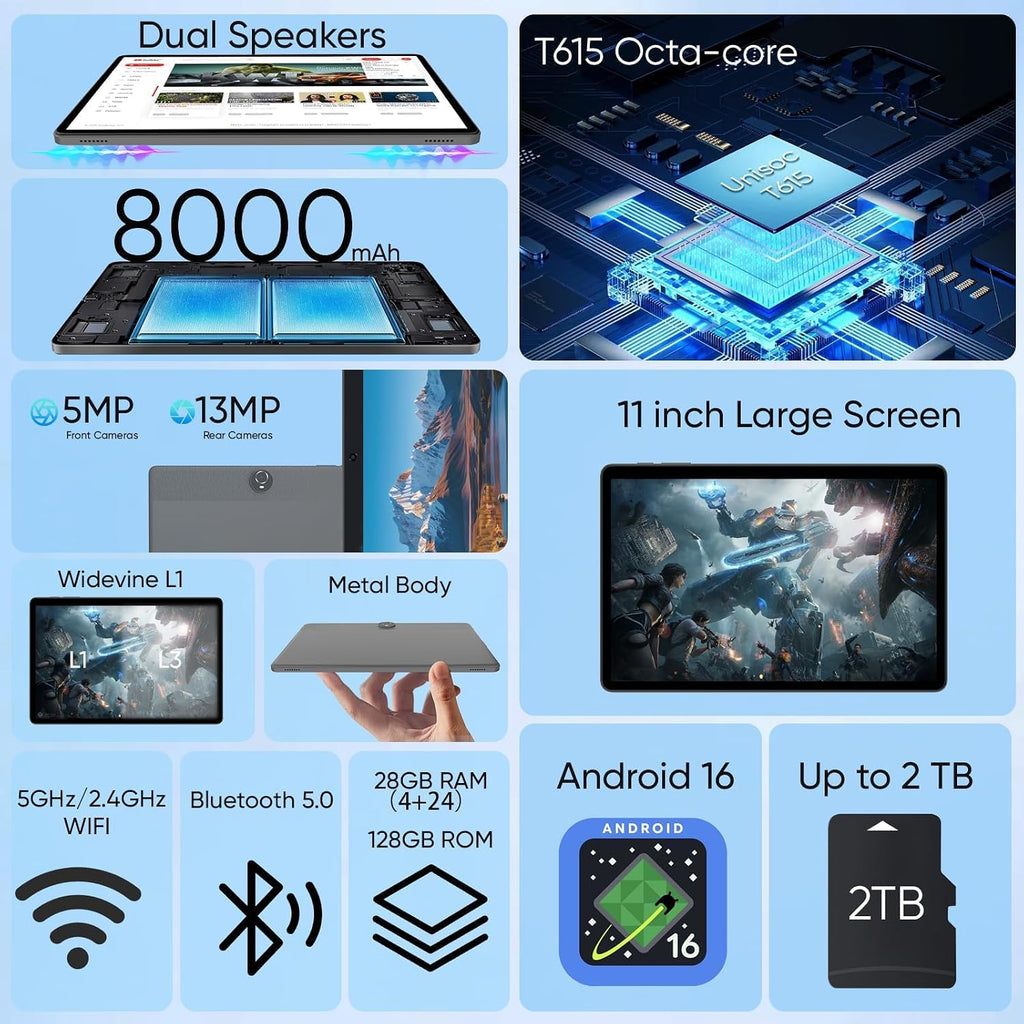 TUOHAITIME 2026 Upgraded Android 16 Tablet, 11 inch Android Tablets