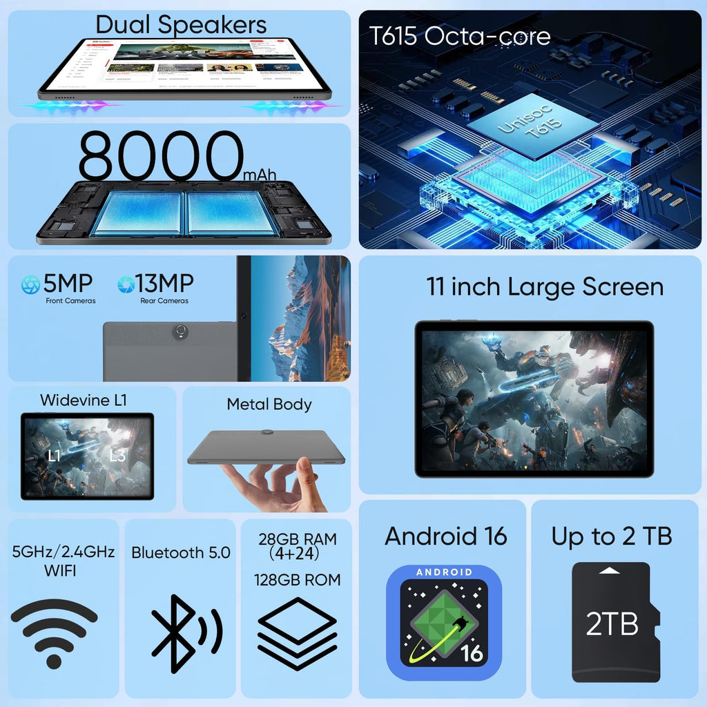 TUOHAITIME 2026 Upgraded Android 16 Tablet, 11 inch Android Tablets