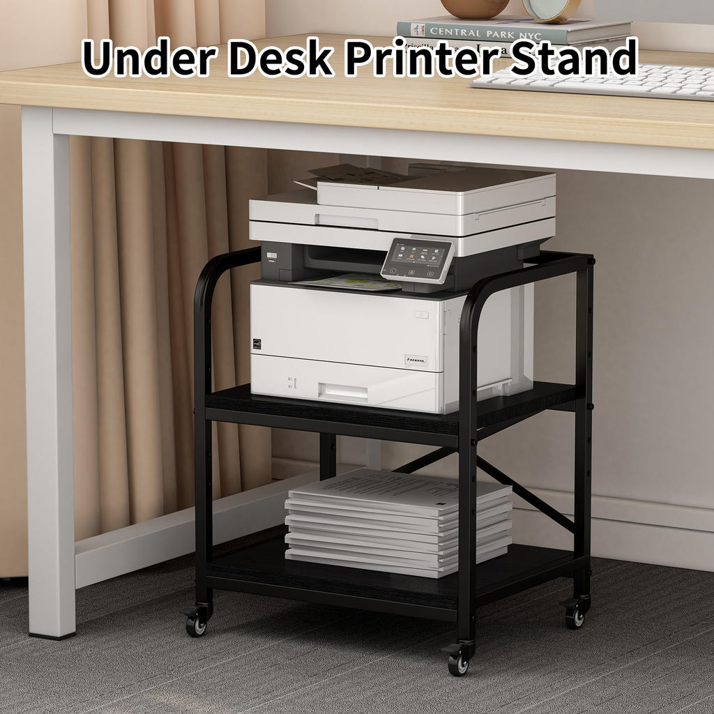 20 Inches Large White Printer Stand, 2-Tier Under Desk Printer Table with Height Adjustable Shelf, Rolling Printer Cart with Industrial Wheels for Home Office (White)