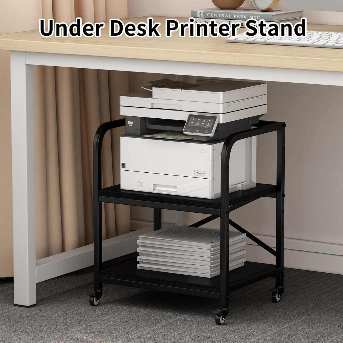 20 Inches Large White Printer Stand, 2-Tier Under Desk Printer Table with Height Adjustable Shelf, Rolling Printer Cart with Industrial Wheels for Home Office (White)