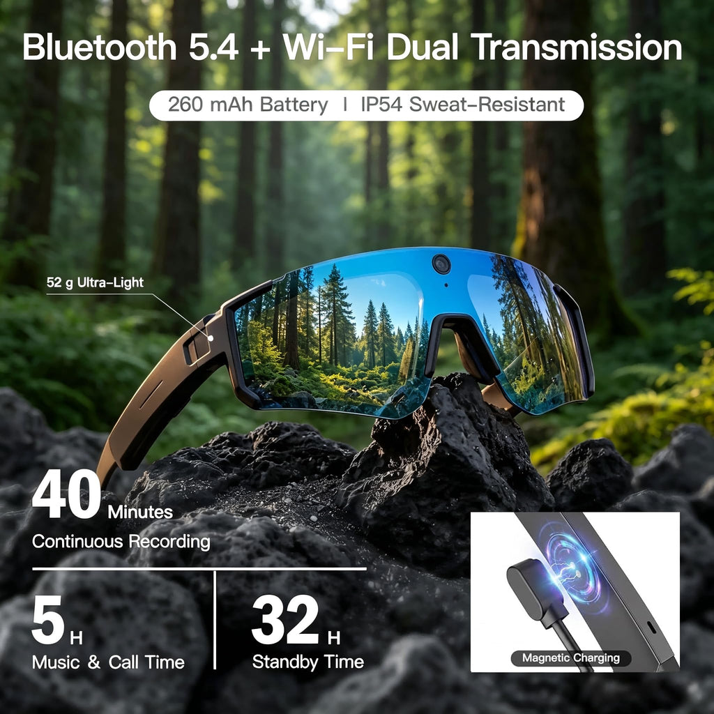 AI Smart Glasses, Voice Control Sports Sunglasses, EIS Anti-Shake, IP54 Waterproof, Real-Time Translation, Open Ear Audio Cycling Glasses for Outdoor Hiking Surfing Running