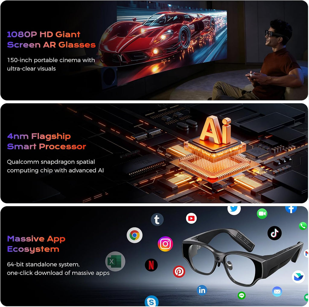 AR Smart Glasses, 150" 1080P Micro-OLED Display, 16MP Camera, 3DoF Ring Control, Android 14, 8G+128G, 36Â° FOV, Light Waveguide Lens for Streaming & Office AR Smart Glasses