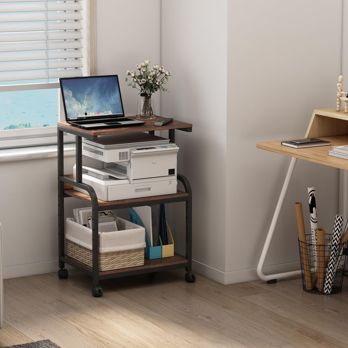 Fannova 3 Tier Gray Printer Stand with Height Adjustable Storage Shelf