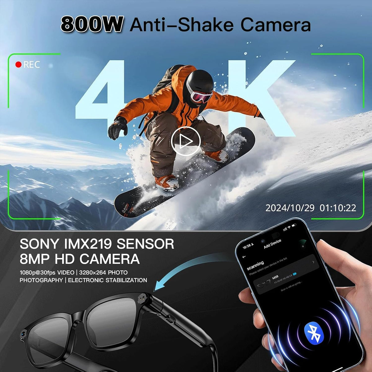 XUV Smart Glasses with Camera, 800W Anti-Shake Camera Glasses & 1080P Video Recording Dual Mic, AI Real-time Translation with 145 languages, 7H Music for Travel, Sports, Outdoor & Hands-Free Daily Use