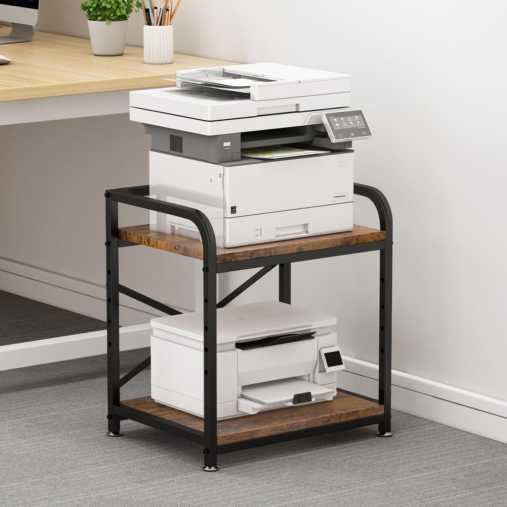 20 Inches Large White Printer Stand, 2-Tier Under Desk Printer Table with Height Adjustable Shelf, Rolling Printer Cart with Industrial Wheels for Home Office (White)