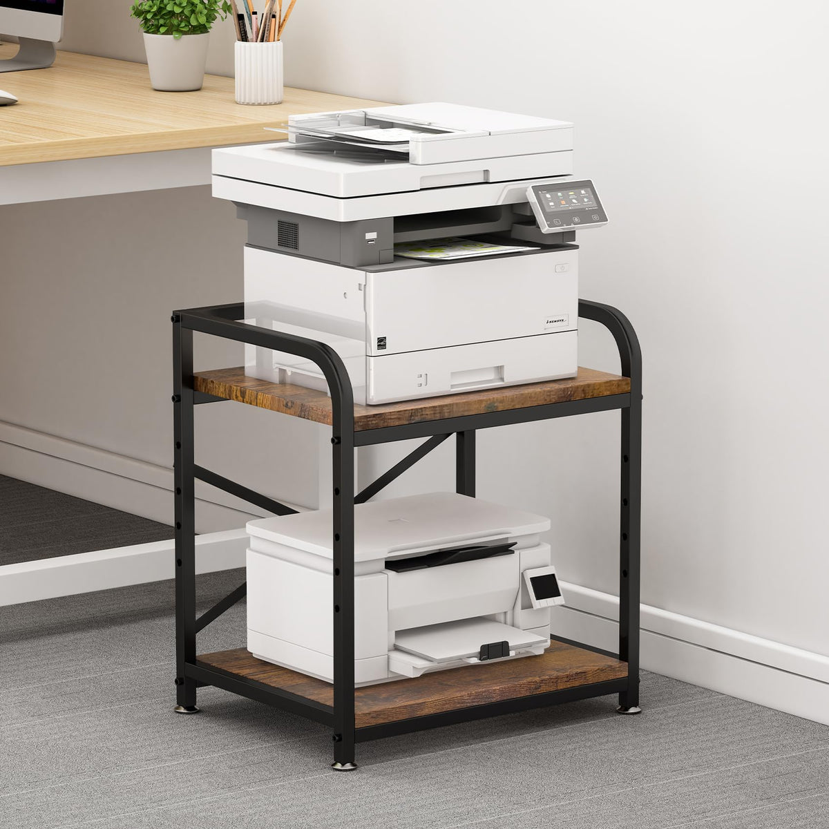 20 Inches Large White Printer Stand, 2-Tier Under Desk Printer Table with Height Adjustable Shelf, Rolling Printer Cart with Industrial Wheels for Home Office (White)
