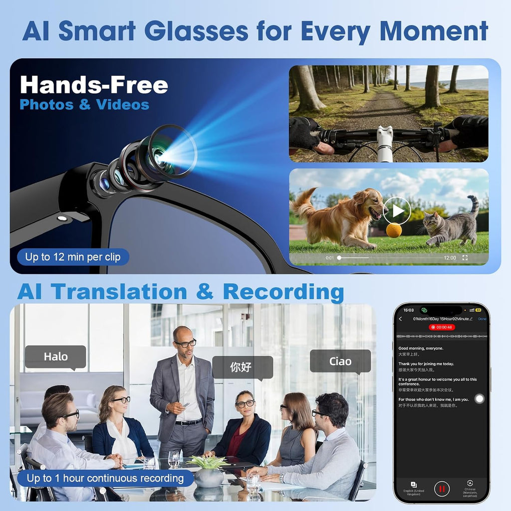 AI Smart Glasses with Camera, 8MP HD Video Recording Glasses, 1200P 30FPS EIS, Voice Assistant, Real-Time Translation, Open-Ear Bluetooth Audio, Clear & Photochromic Lenses, lente con camara