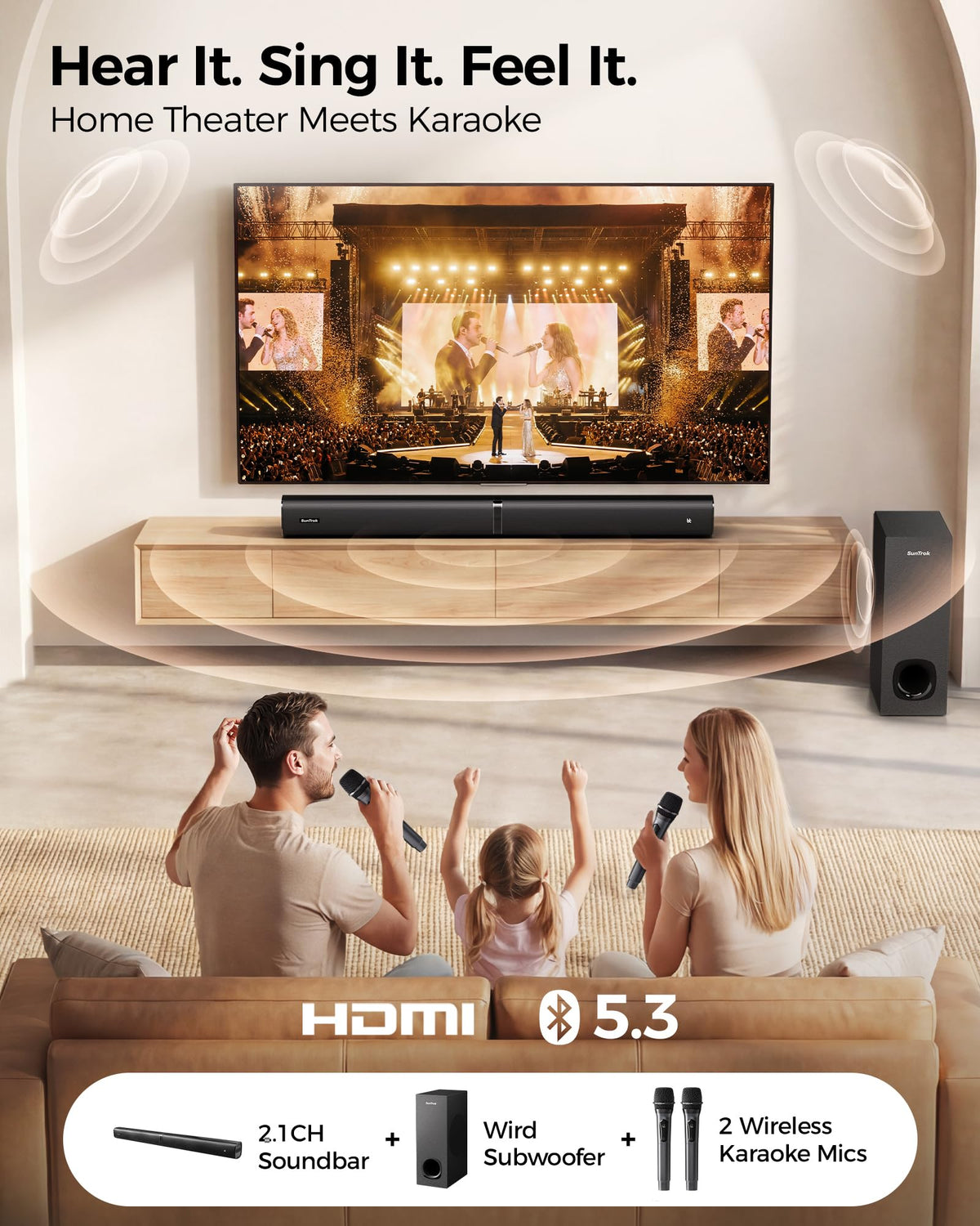 Karaoke Soundbar with Subwoofer for TV and 2 Wireless Microphones