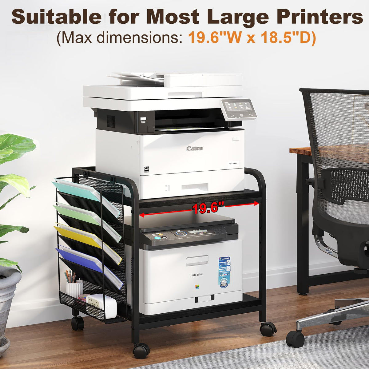 EasyCom 24"x20" Printer Stand with Storage, File Holder & Wheels, Brown