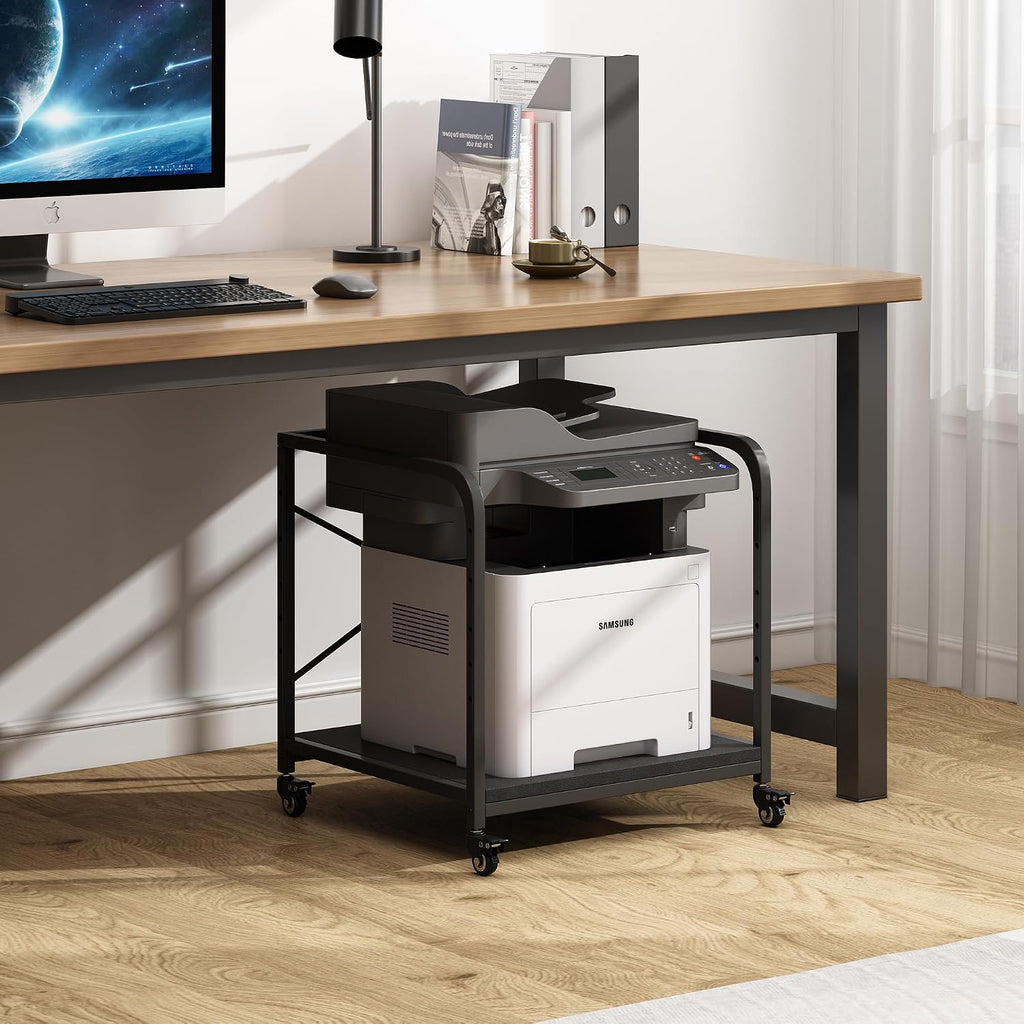 Fannova 2 Tier Under Desk Printer Stand with Storage, 20 Inches Deep Large Printer Table with Height Adjustable Shelf, Rolling Printer Cart with Wheels for Home Office - Black