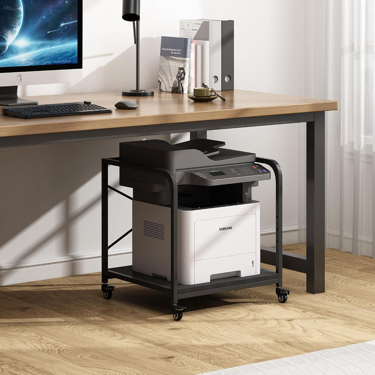 Fannova 2 Tier Under Desk Printer Stand with Storage, 20 Inches Deep Large Printer Table with Height Adjustable Shelf, Rolling Printer Cart with Wheels for Home Office - Black