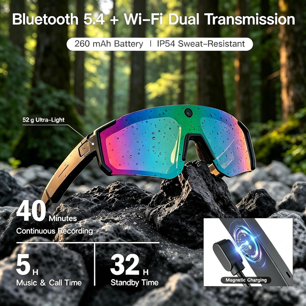 AI Smart Glasses, Voice Control Sports Sunglasses, EIS Anti-Shake, IP54 Waterproof, Real-Time Translation, Open Ear Audio Cycling Glasses for Outdoor Hiking Surfing Running