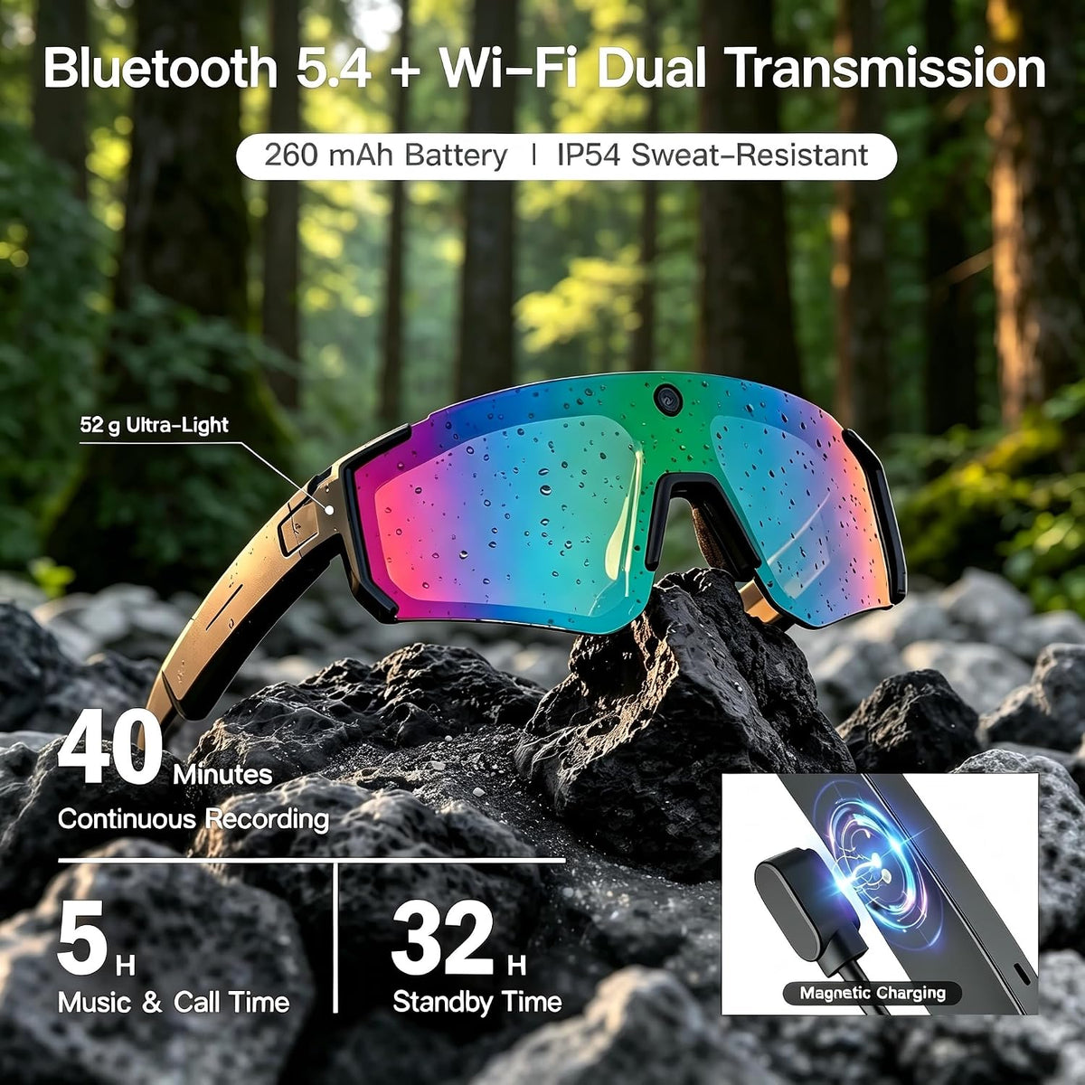 AI Smart Glasses, Voice Control Sports Sunglasses, EIS Anti-Shake, IP54 Waterproof, Real-Time Translation, Open Ear Audio Cycling Glasses for Outdoor Hiking Surfing Running