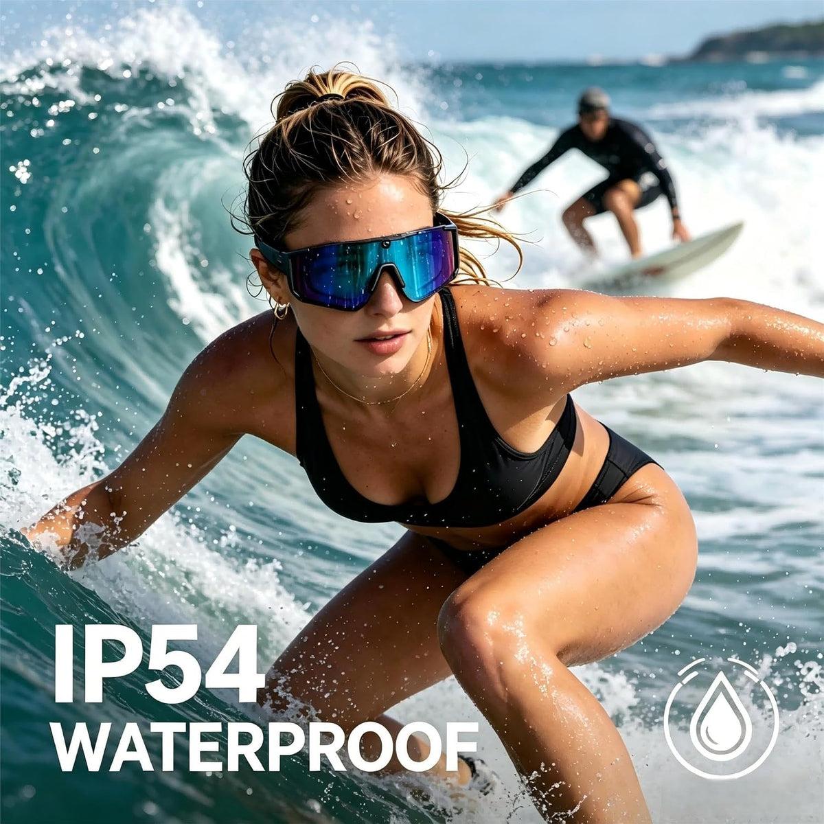 AI Smart Glasses, Voice Control Sports Sunglasses, EIS Anti-Shake, IP54 Waterproof, Real-Time Translation, Open Ear Audio Cycling Glasses for Outdoor Hiking Surfing Running