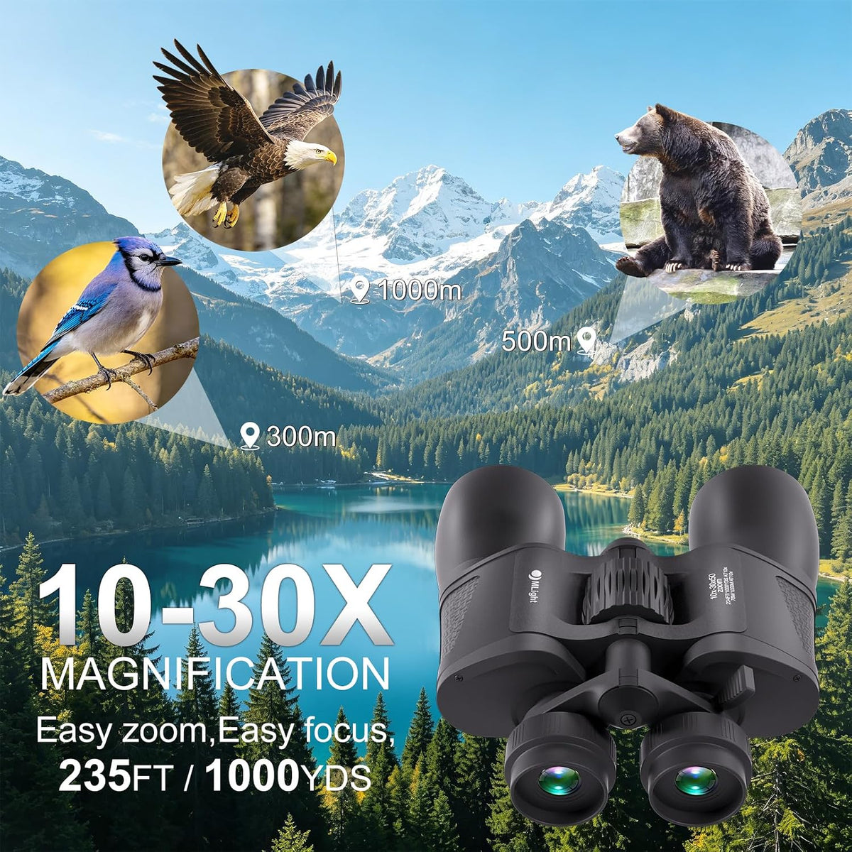 MLight 10-30X50 Zoom Binoculars for Adults, High Powered Military Binoculars for Bird Watching, Hunting, Outdoor, Hiking, Concerts Large View, Waterproof, BK7 Prism, FMC Lens, Low Light Night Vision
