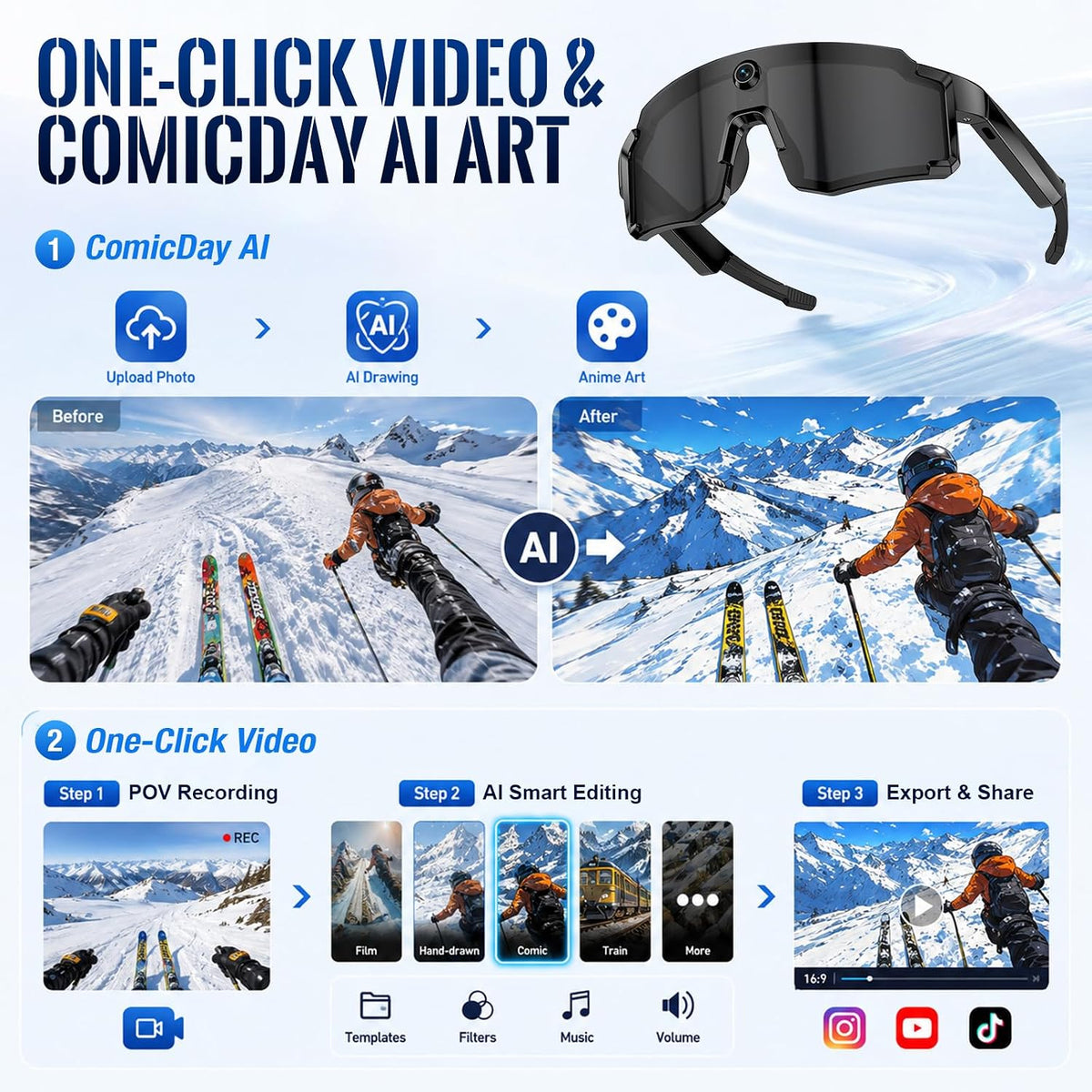 Sport Smart Glasses with Camera, 4K POV Glasses with Photochromic Lens, 6560Ã4928PX Anti-Shake Camera, AI Voice Assistant, 139 Real-Time Translation, IP65 UV400 Sport Sunglasses for Outdoor Sports