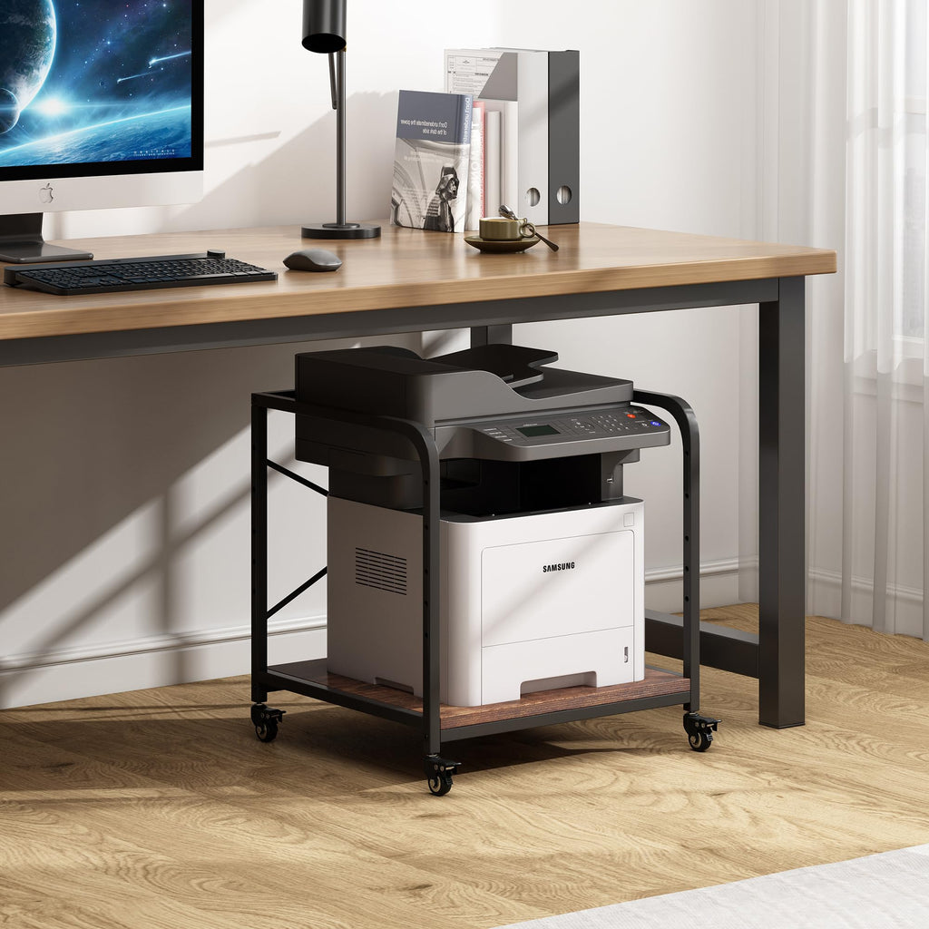 Fannova 2 Tier Under Desk Printer Stand with Storage, 20 Inches Deep Large Printer Table with Height Adjustable Shelf, Rolling Printer Cart with Wheels for Home Office - Black