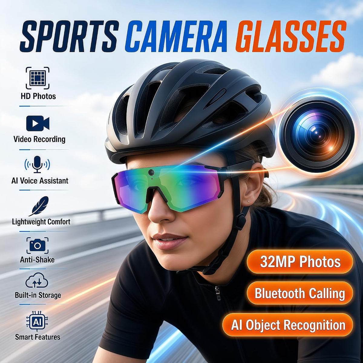 Sport AI Smart Sunglasses with 4K POV Camera (Black/Ice Blue)