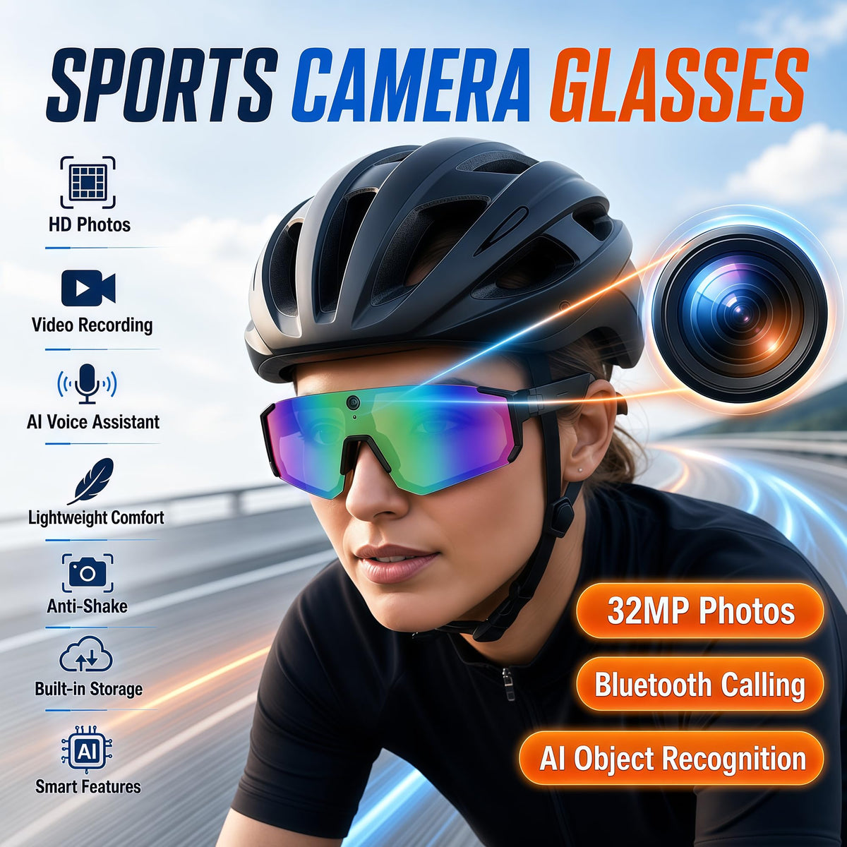 Sport AI Smart Sunglasses with 4K POV Camera (Black/Ice Blue)
