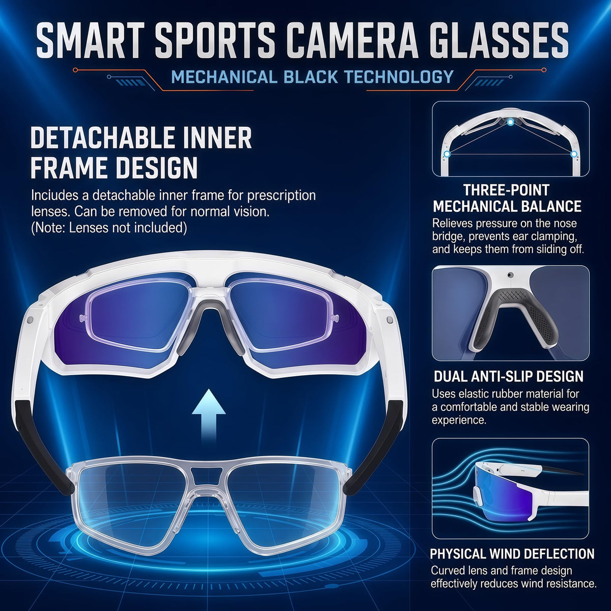 Sport AI Smart Sunglasses with 4K POV Camera (Black/Ice Blue)