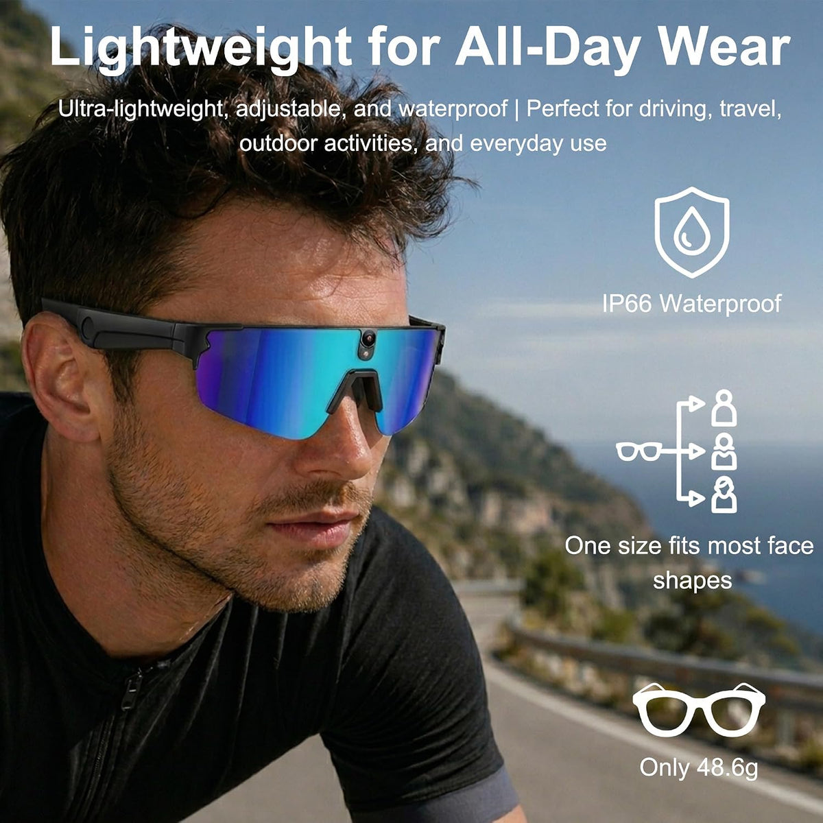 AI Smart Glasses with Camera,4K Video Recording Glasses, AI Voice Assistant,Real-Time Translation,Object Recognition,Bluetooth Sports Sunglasses,IP66 Waterproof for Cycling,Running & Hiking (Blue)