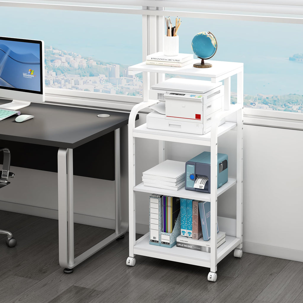 Fannova 4-Tier Printer Stand with Adjustable Storage Shelf, Large Tall Printer Table with Wheels for Home Office Small Spaces Organization, Rustic Brown
