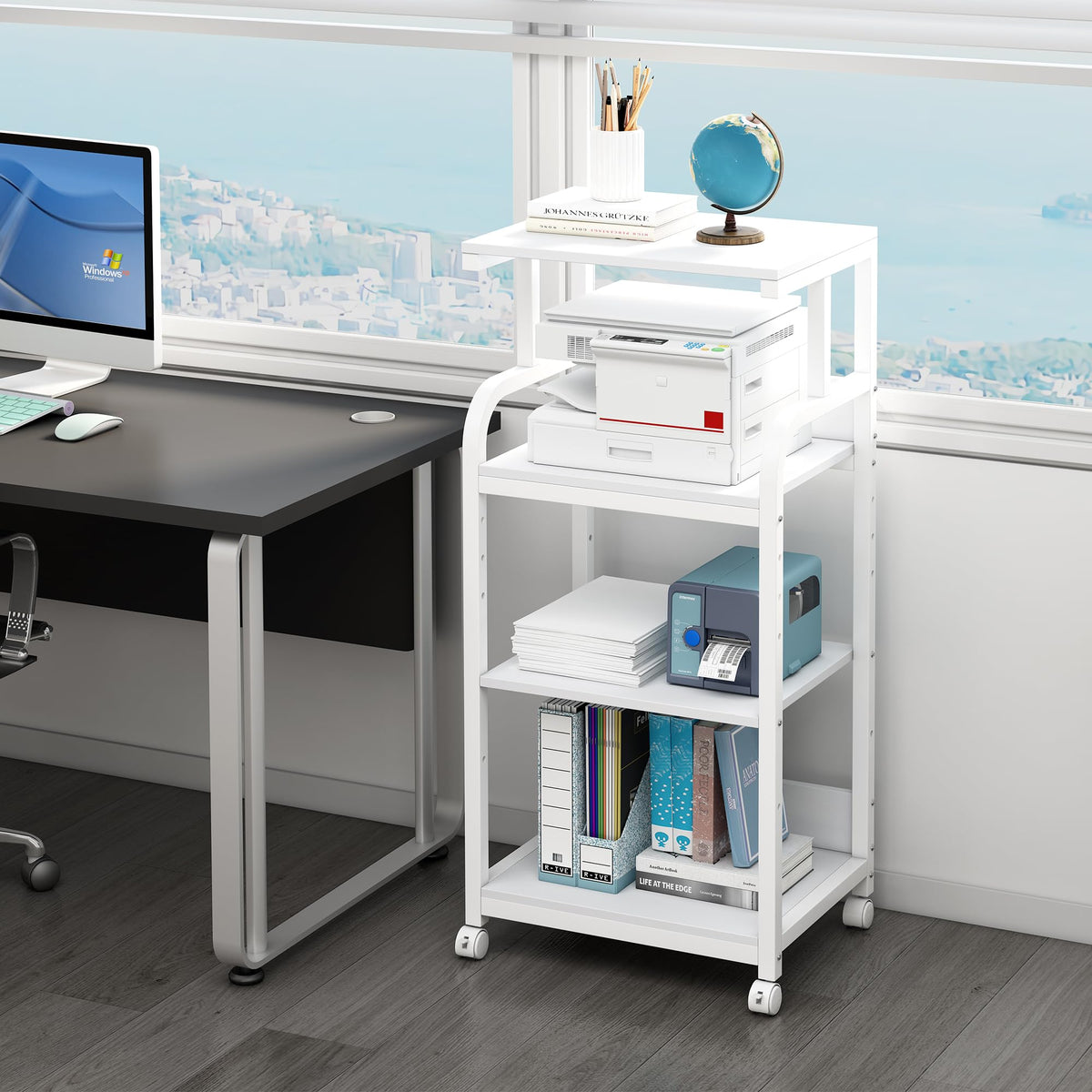 Fannova 4-Tier Printer Stand with Adjustable Storage Shelf, Large Tall Printer Table with Wheels for Home Office Small Spaces Organization, Rustic Brown