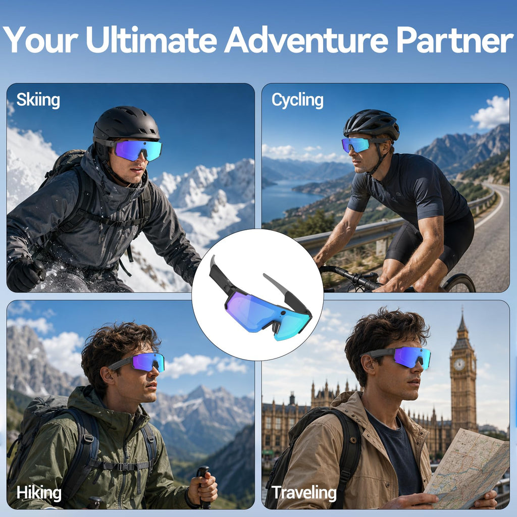 AI Smart Glasses with Camera, ChatGPT & AI Object Recognition, 1200P Video with 6-Axis EIS, Polarized UV400 Sunglasses, Real-Time Translation, IP64 Waterproof for Cycling, Hiking & Vlogging