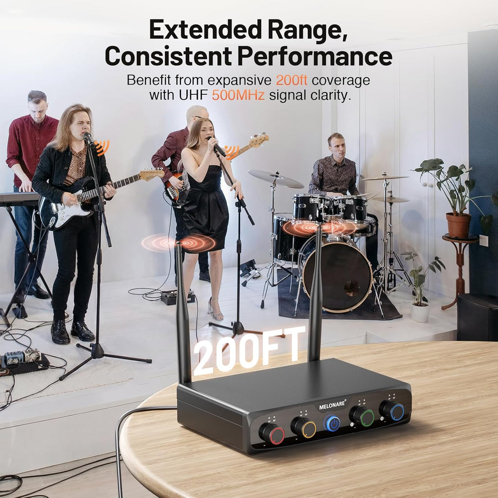 MELONARE 4x10 Freq. UHF Wireless Microphone System, 200FT Stable Signal