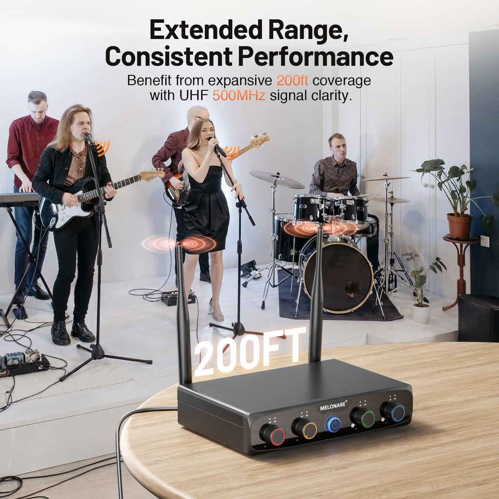 MELONARE 4x10 Freq. UHF Wireless Microphone System, 200FT Stable Signal
