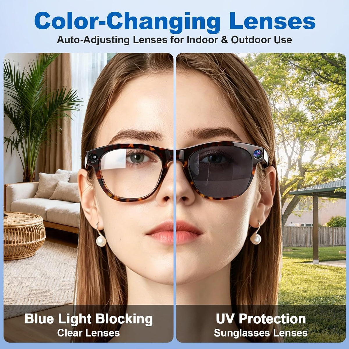AI Smart Glasses with 8MP Camera, HD Photo & Video, Real-Time Translation, AI Assistant & Object Recognition, Photochromic Lenses, Bluetooth 5.4 Calls & Music, IP65 Waterproof, 7-8Hr Battery