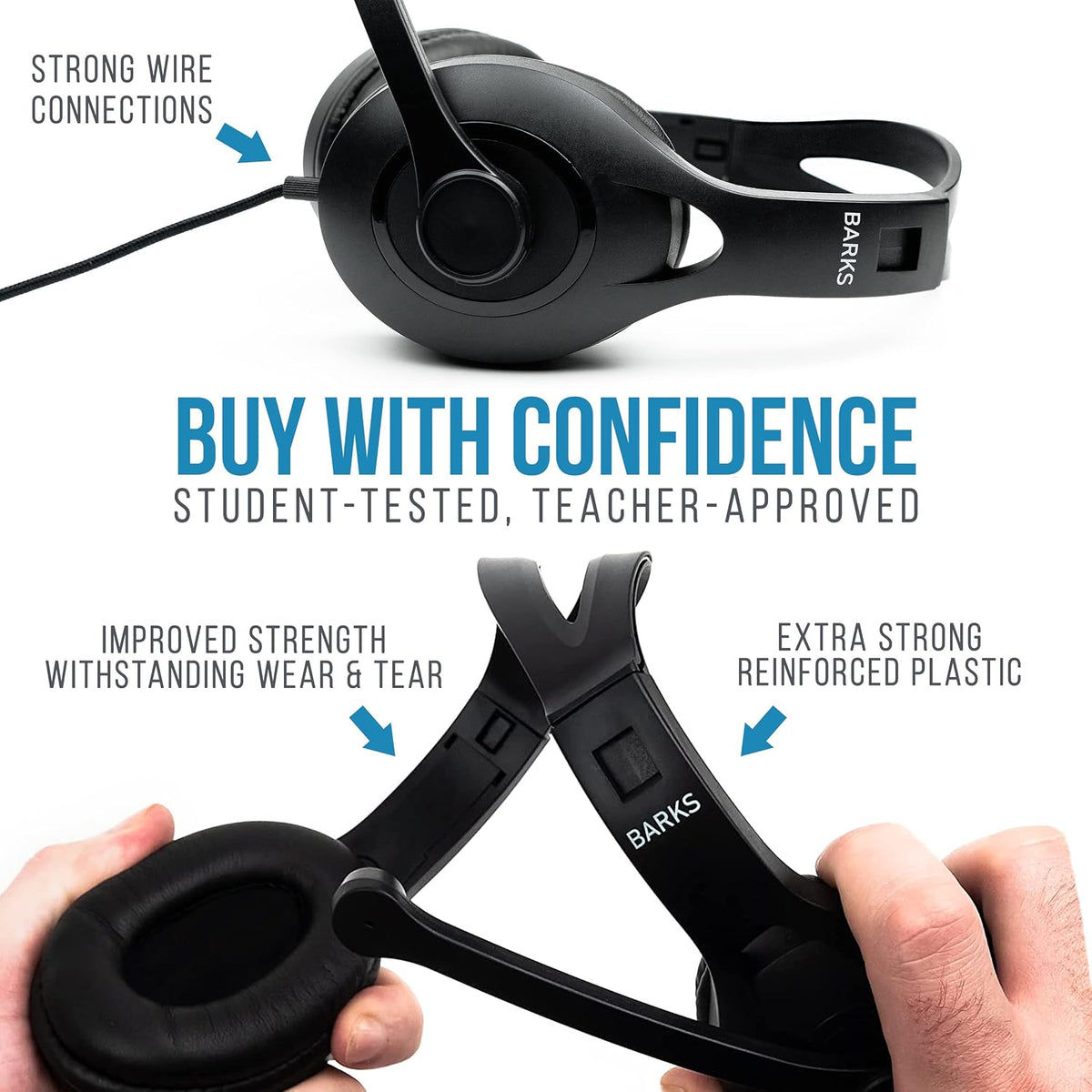 Barks Classroom Headphones with Microphone Bulk 10 Pack (Black, 3.5mm)