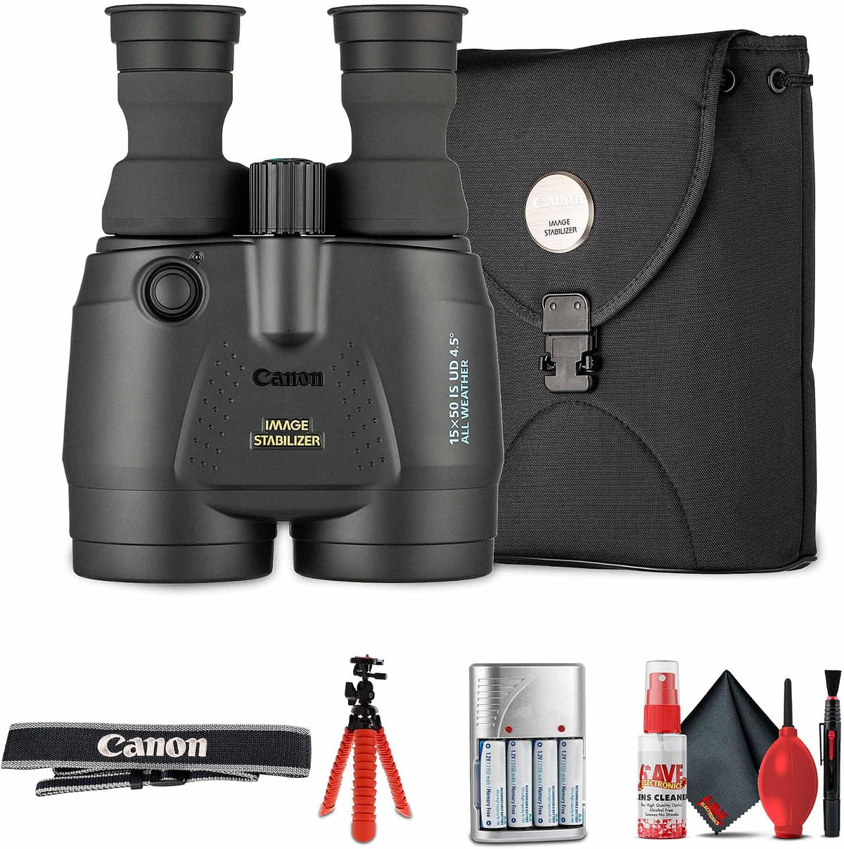 Canon 15x50 is All-Weather Image Stabilized Binoculars â High-Power 15x Magnification, Wide Field of View, Weather-Resistant Design + Flexible Tripod + 4X AA with Charger + Cleaning Kit