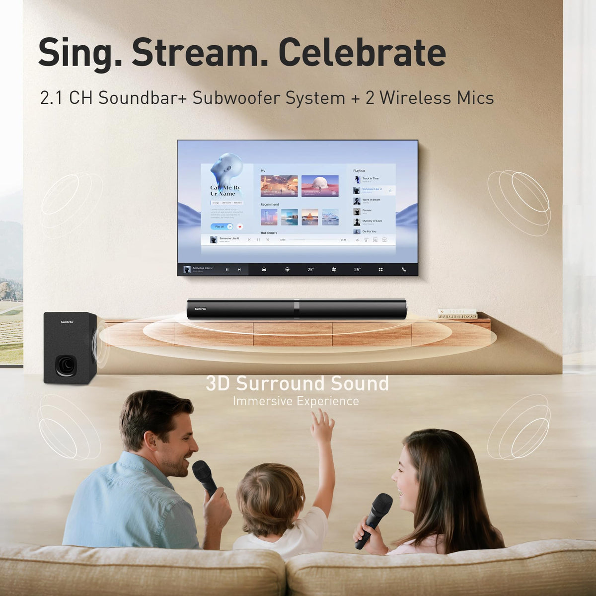 Karaoke Soundbar with Subwoofer for TV and 2 Wireless Microphones